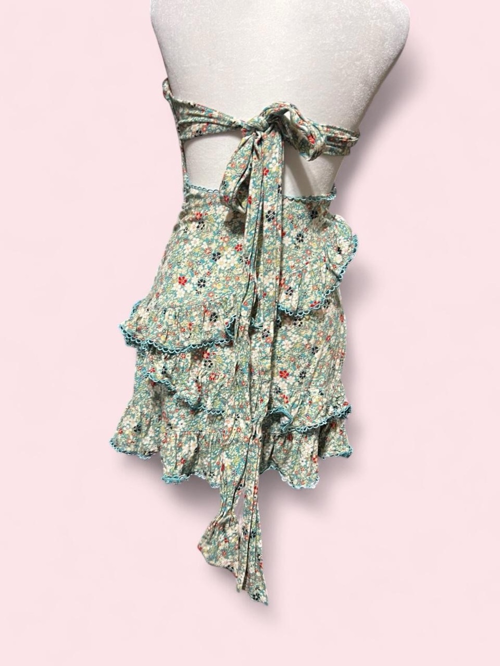 Small Strapless Floral Ruffle Mini Dress - Turquoise - Picture 5 of 8